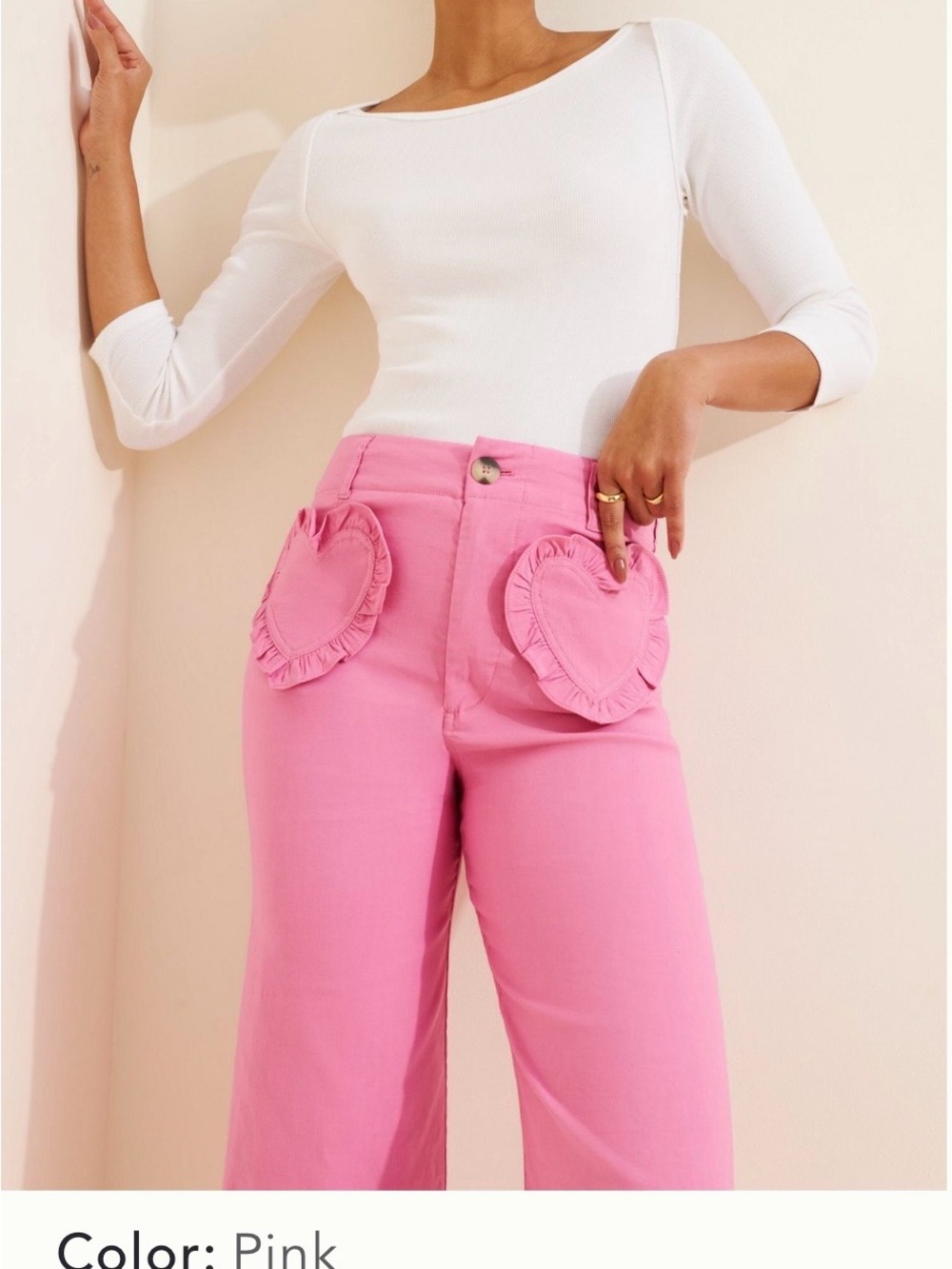 Maeve Pink Cropped Wide-Leg Pants with Heart Ruffle Pockets - Picture 2 of 4